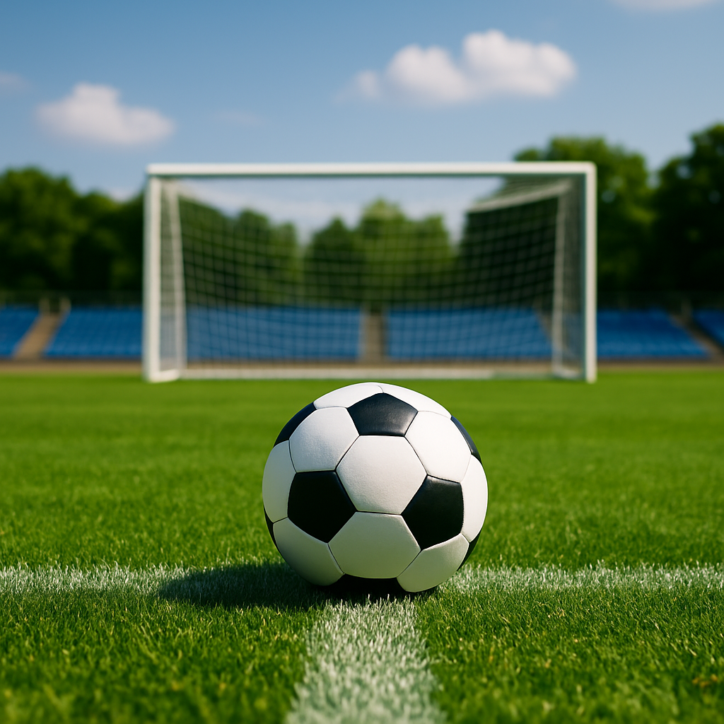 Campo de fútbol visto a ras de suelo con balón en primer plano