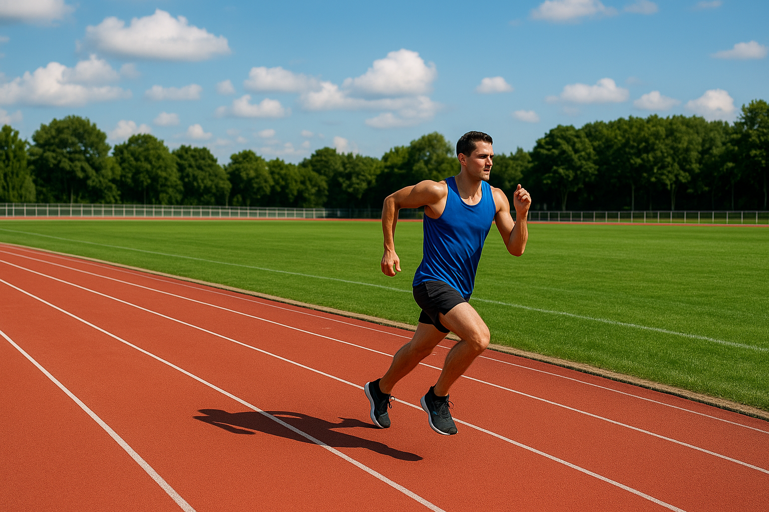 Pista de atletismo con césped central y corredor en recta